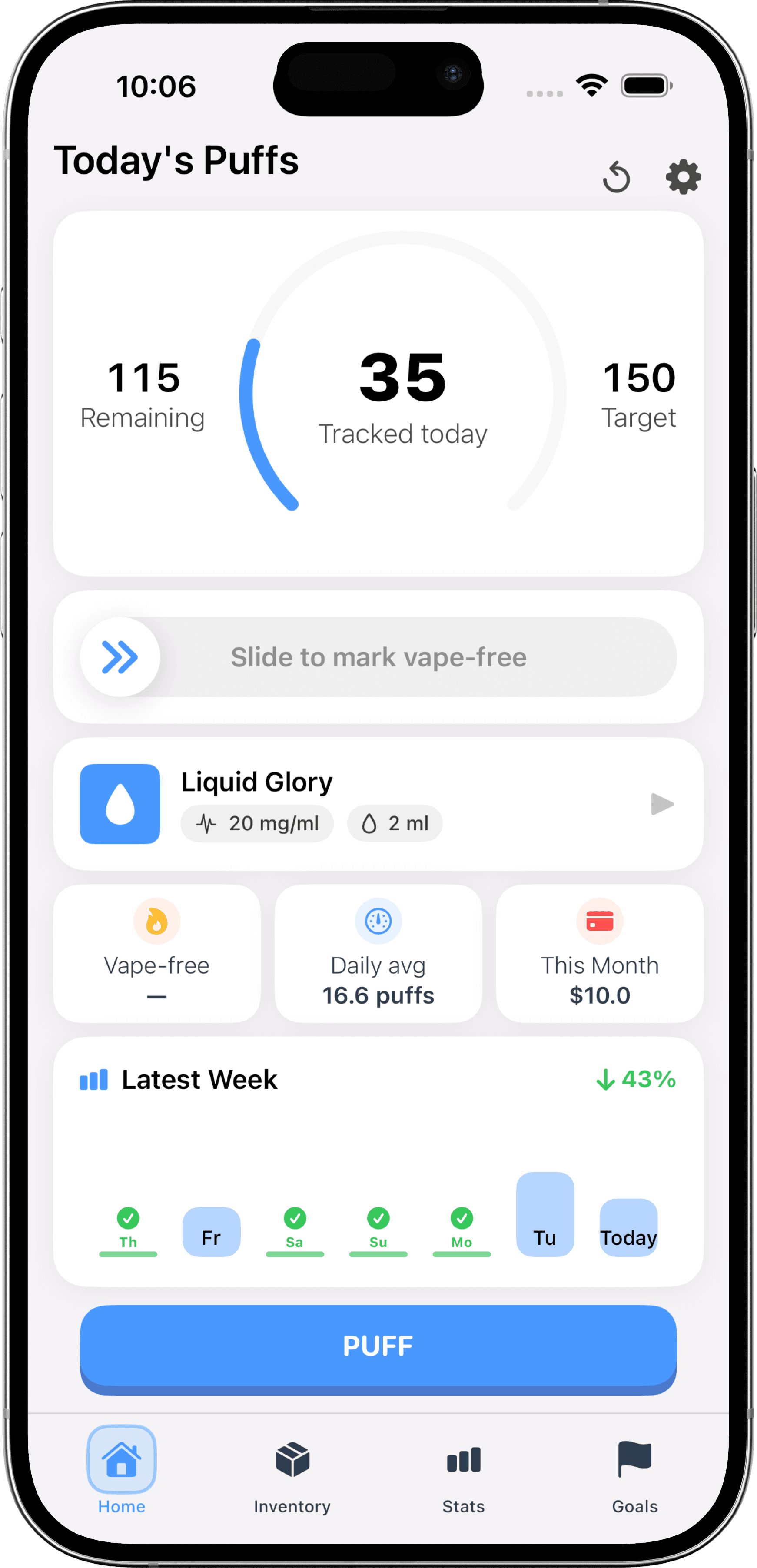 PuffPlan home screen showing today's tracked puffs and daily target